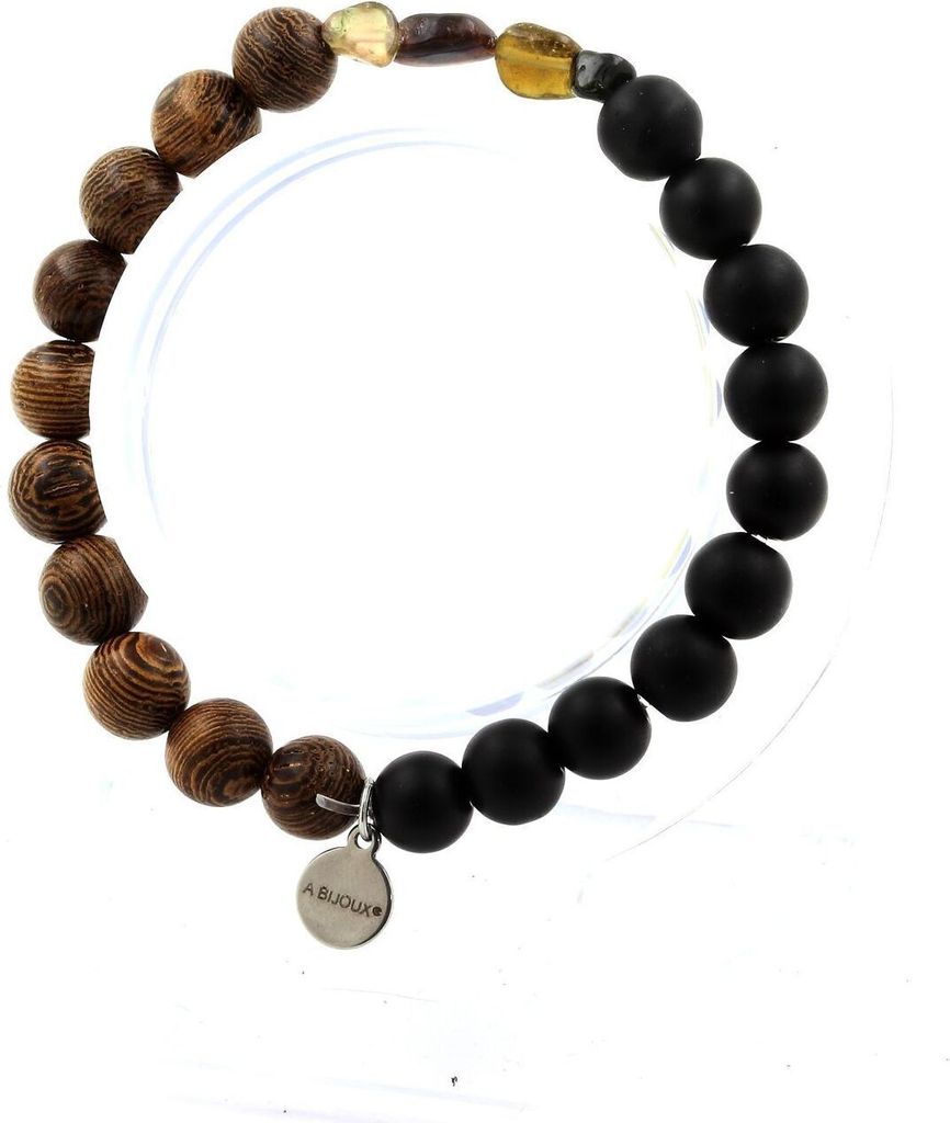 Mehrfarbiges Turmalin-Armband aus Brasilien + mattschwarze Onyxperlen + Holz 8 mm