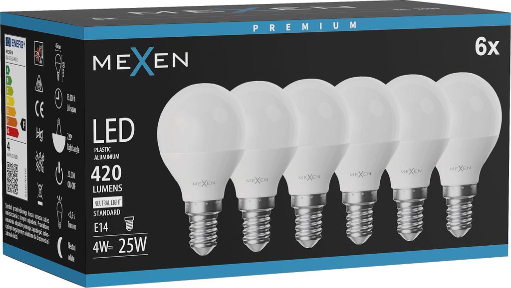 Mexen Nova 6x LED-Glühbirne E14, G45, 4W, Neutral - 4000K, Produktbild 