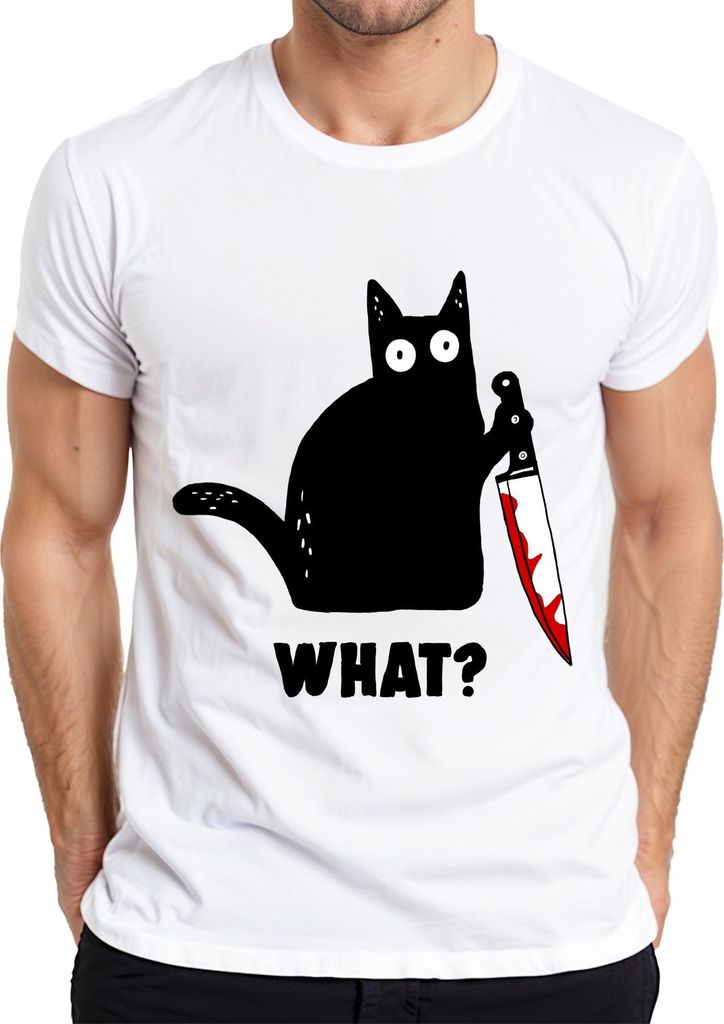 What? Katze Horror Halloween Blutiges Messer Slasher Herren T-Shirt, Weiß, M