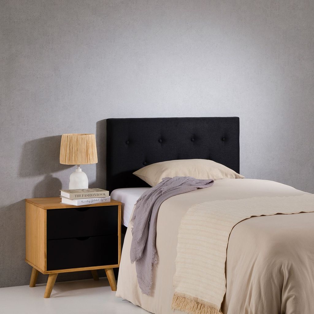 Kopfteil MAVELI mit Holzbeinen 90 cm in schwarz - Bettkopfteil mit Stoffbezug, Headboard mit Füßen, Bettkopfteil, gesteppt mit Knöpfen