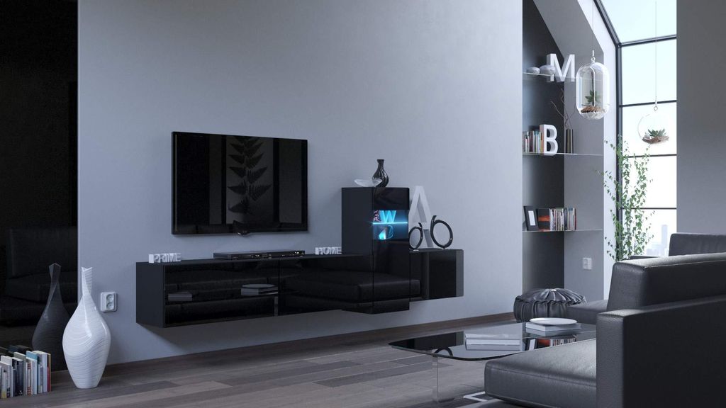 Furnitech Wohnwand Wohnzimmer - Hängend Wohnwand Modern - Regale und TV Schrank - Wohnzimmer Möbel ohne LED (Vector AN61-HG-B-1 1A)