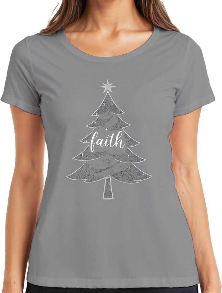 faith Weihnachten Christbaum Glaube religiös Skizze Kreide Retro Damen T-Shirt, Grau, S