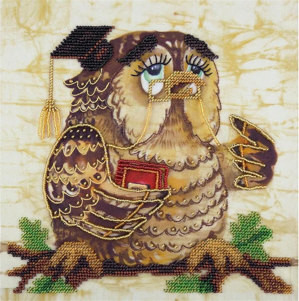 Broderie Perlée Chouette Sage : Kit Facile avec Dessin Tracé sur Toile