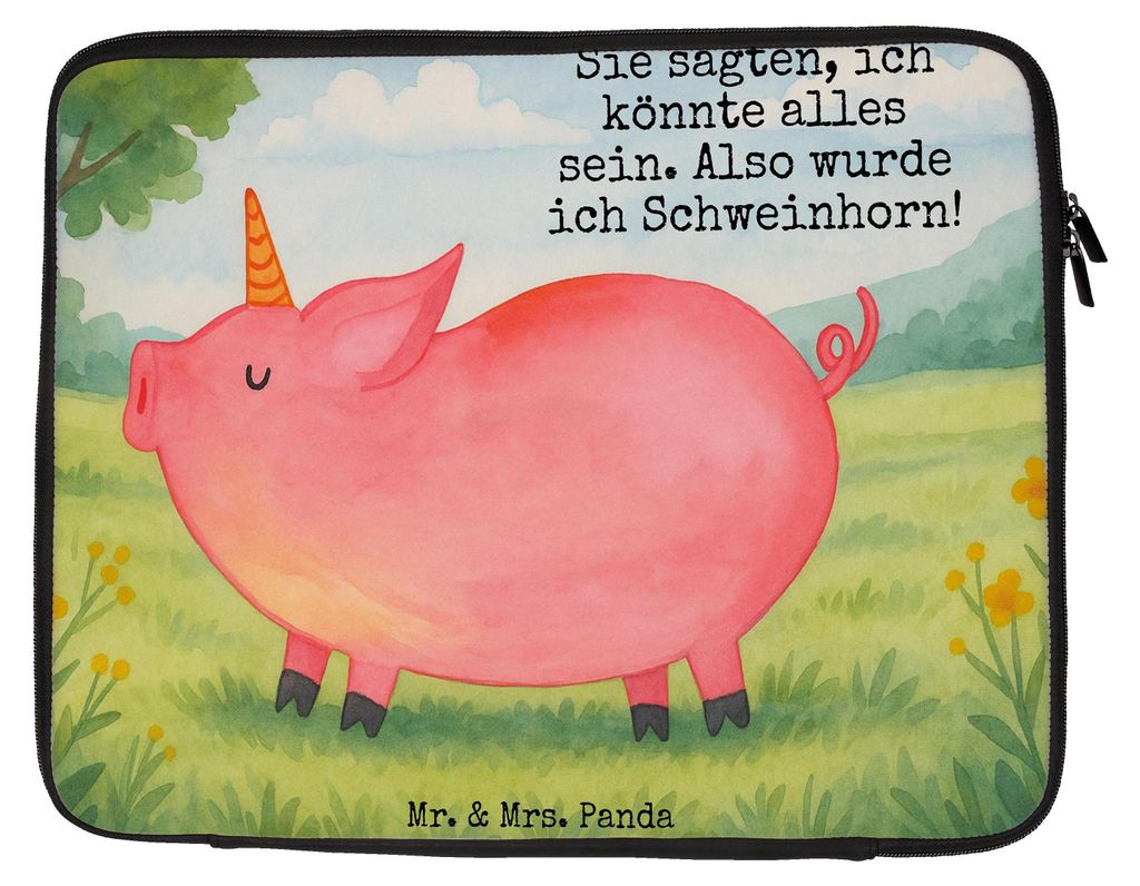 Mr. & Mrs. Panda Laptop Hülle Einhorn Schwein Design 27 x 36 cm - Weiß - Geschenk, Notebooktasche, Laptophülle, Englisch, Unicorn, Funny, Spruch...