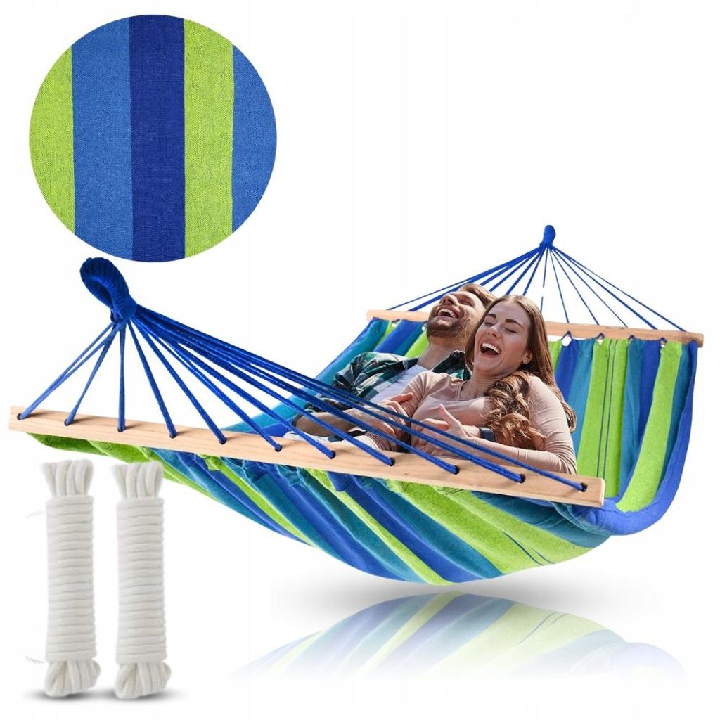 Hängematte Schaukel mit Holzstange 220x160 doppelt Garten robust Boho XXL
