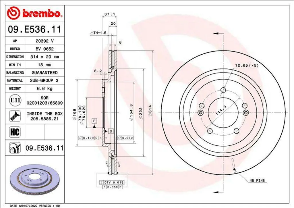 Disque de frein Brembo 09.E536.11 OE 58411D4750 pour Kia Optima IV