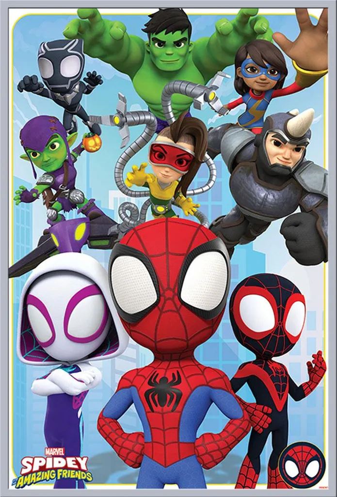 Poster Spidey and Friends sous cadre argenté pour chambre d'enfant