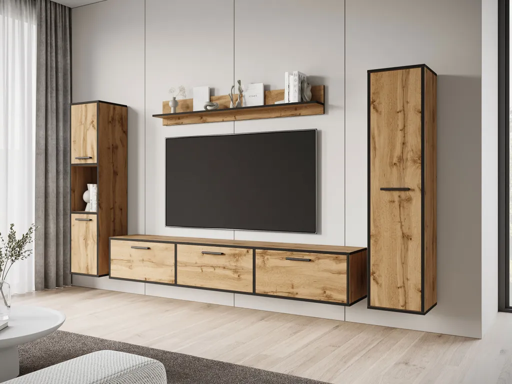 Meuble TV HORUS en chêne wotan et noir mat avec compartiments de stockage