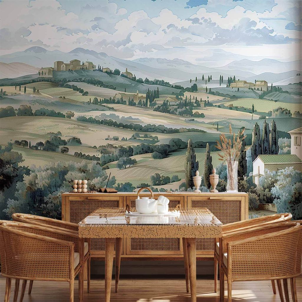 Vlies Fototapete - Landscape with Green Fields and Trees Tuscan Sunny View 350x256 cm Landschaften c-H-10043-a-a