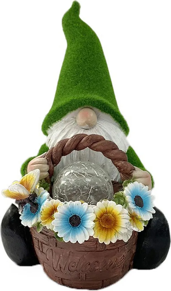 Nain de jardin solaire en résine et fleurs floquées décor extérieur