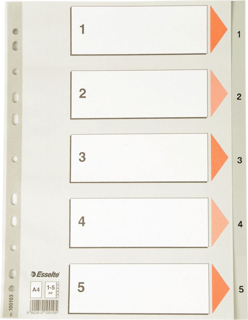 Esselte 100103, Numerischer Registerindex, Polypropylen (PP), Grau, Porträt, A4, 0.12 mm