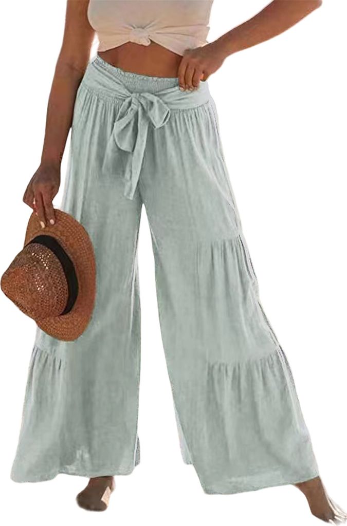 ASKSA Damen Weitem Bein Hose Elegant Hohe Taille Freizeithose Leichte Sommerhose, Hellgruen, Groesse: XXL