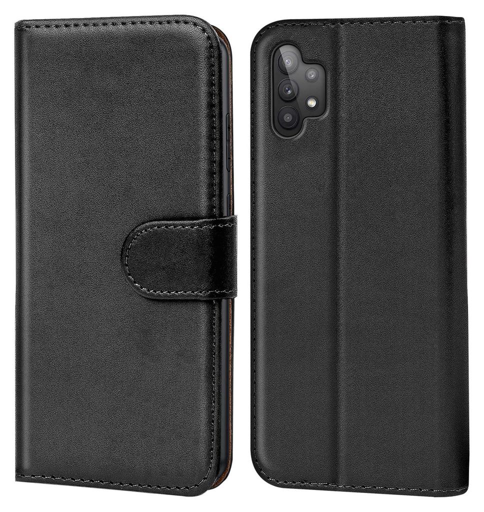 A black flip case for a smartphone is shown from the front and back.