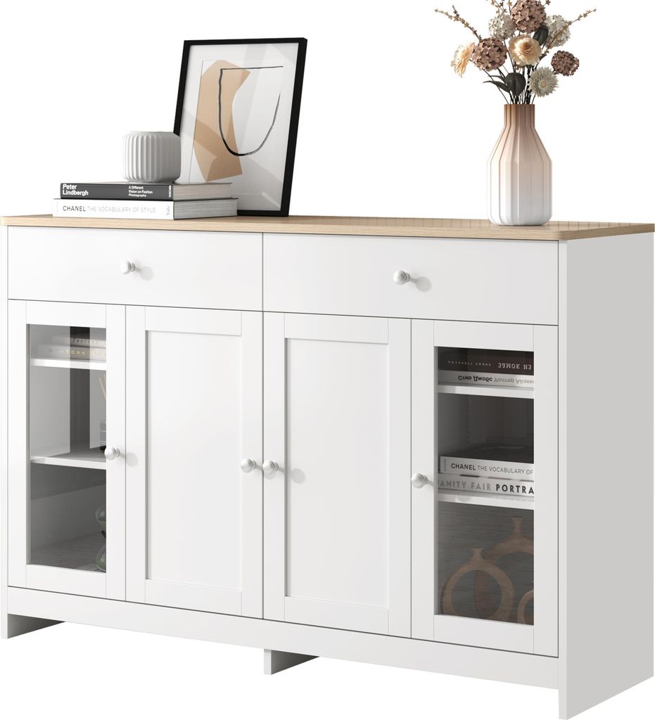Fortuna Lai Wohnzimmer-Sideboard mit Glastür, Wohnzimmer-Sideboard mit 2 Schubladen und 4 Türen