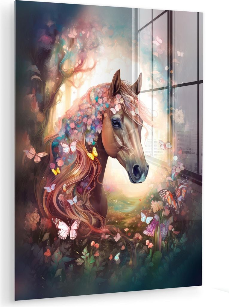 MuchoWow Glasbilder - Bilder auf Wandbild - Foto auf Glas Pferd - Natur - Blumen - Schmetterlinge - Wald 60x80 cm Wanddekoration aus Glas - Acrylgl...