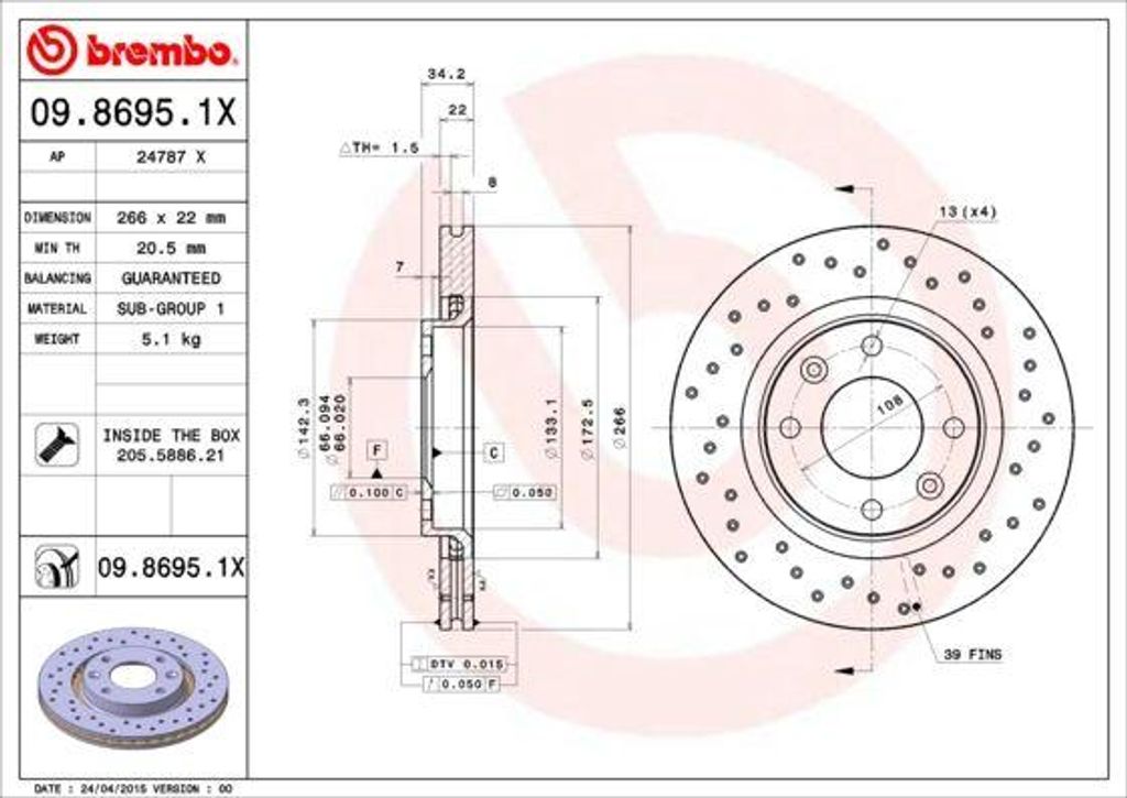 BREMBO 09.8695.1X Bremsscheibe OE 1613191380 kompatibel mit Partner, 307, 301, 208, 207, 206, 2008, 1007, Crossland X, Corsa F, Xsara, DS4, DS3, C5...