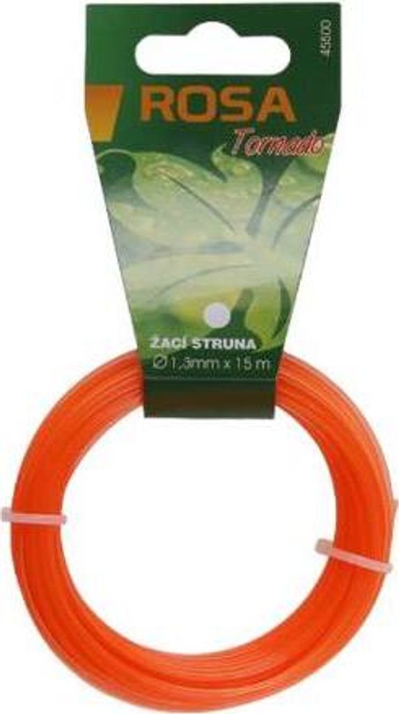 A spool of orange trimmer line is attached to a green and white product card.