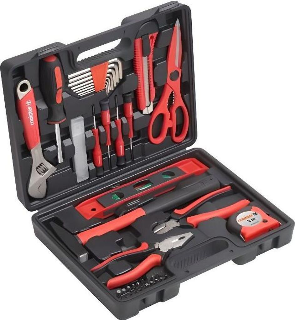Werkzeugkoffer, 44-teilig, Inkl. Zangen, Hammer, Schraubendreher, Cutter, Wasserwaage, 3m Maßband, Bits und Schlüssel