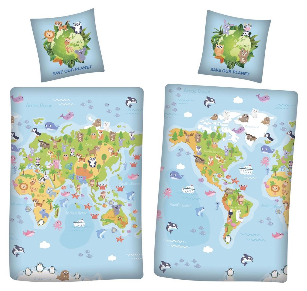 Save our Planet Weltkarte Wende Bettwäsche  80 x 80 cm + Produktbild 