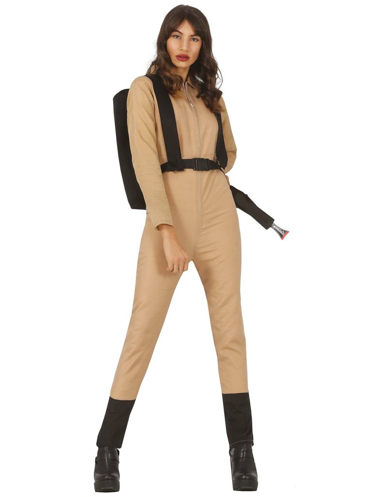 Gespensterjäger Jumpsuit Rucksack Kostüm Halloween Abenteuer Figur Cooler Look, Größe: 38 - 40 (M) Farbe: Beige