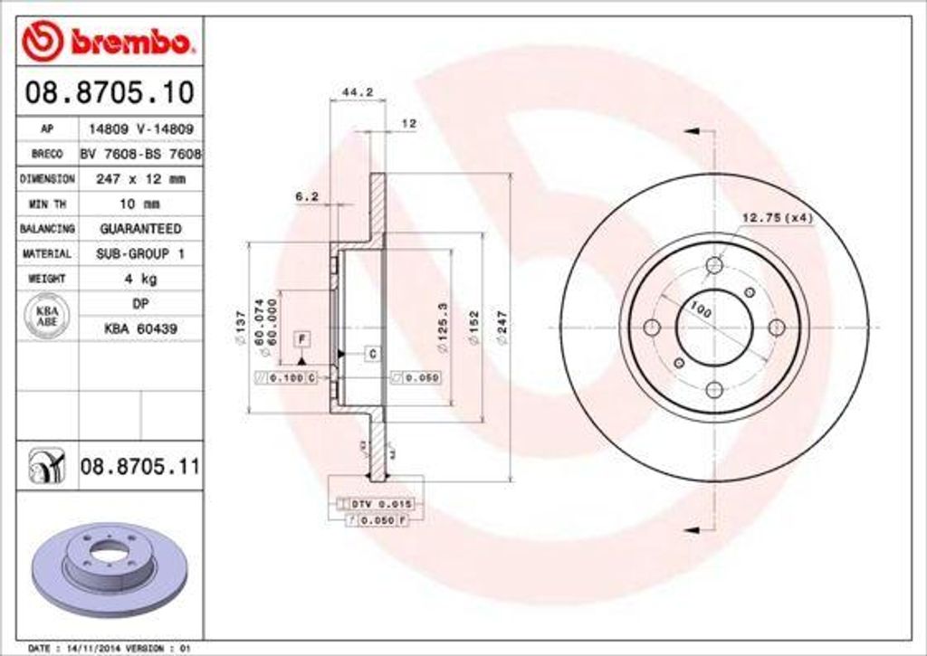 BREMBO 08.8705.11 Bremsscheibe OE 4700711 kompatibel mit Agila A