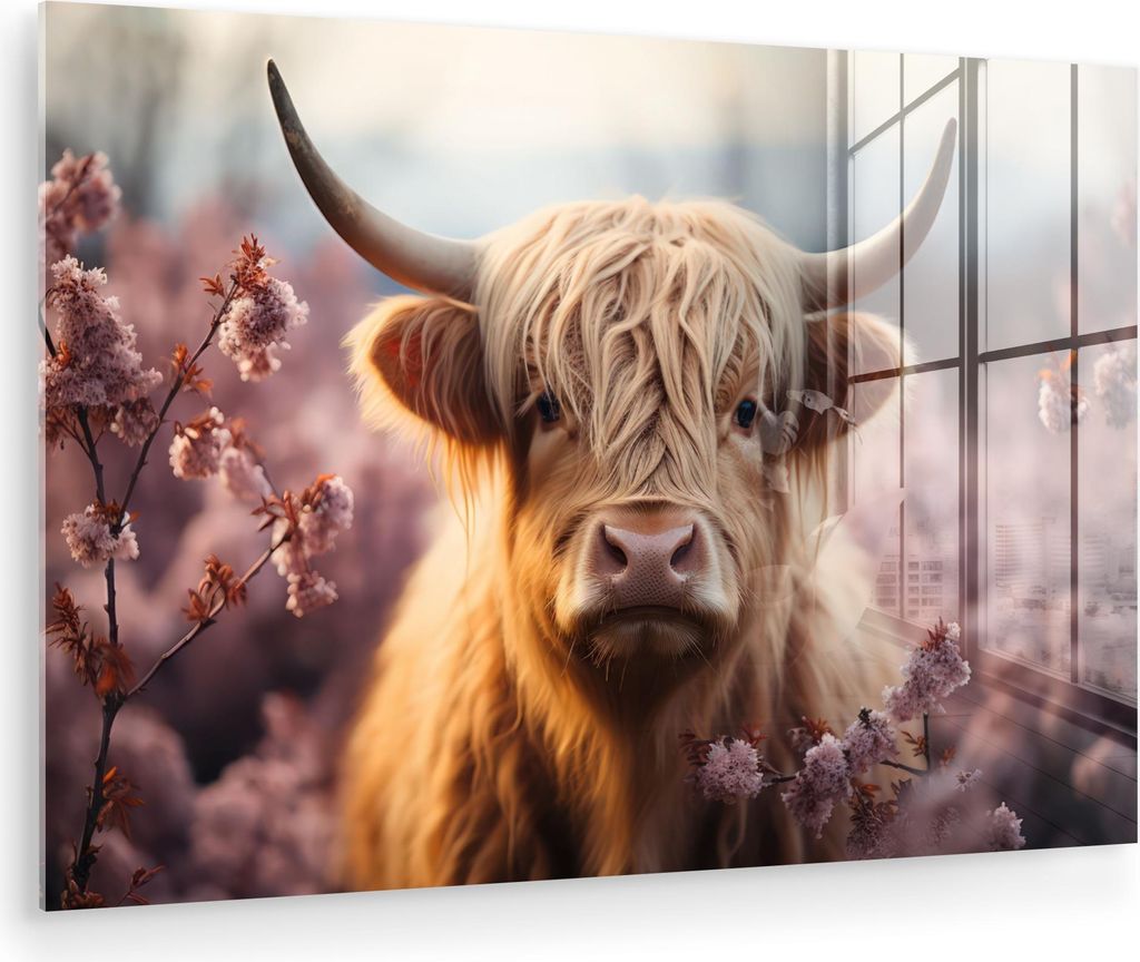 MuchoWow Glasbilder - Bilder auf Wandbild - Foto auf Glas Schottisches Hochlandrind - Tierporträt - Blumen - Tier 120x80 cm Wanddekoration aus Gla...