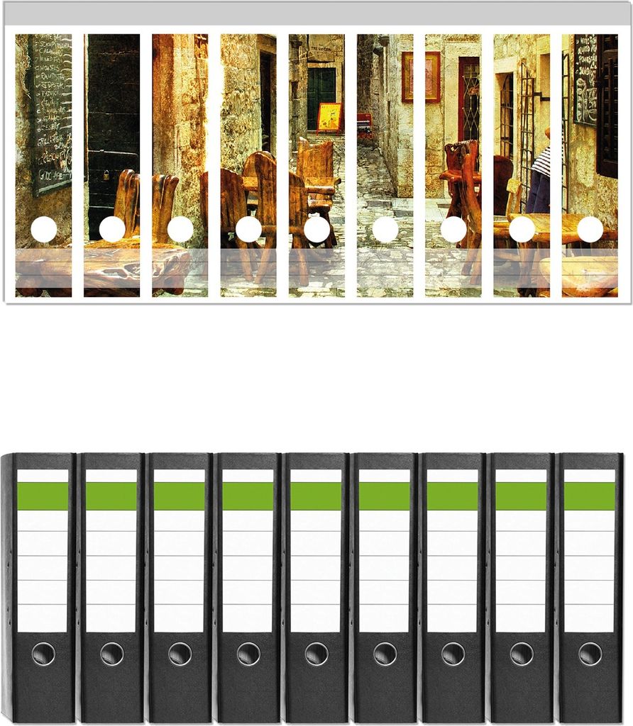 Wallario 9 Stück breite Ordner inkl. Klebeetiketten mit Motive Italienische kleine Gasse - Set mit Rückenschildern / Ordnerrücken Stickern