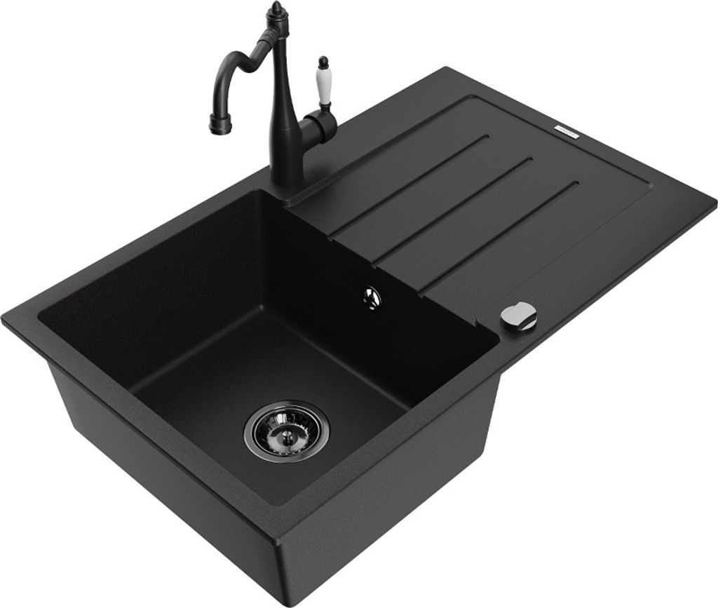Mexen Bruno 1 Becken-Granitspüle mit Abtropffläche und Mischbatterie Carla, Schwarz - 6513-77-670700-70-B