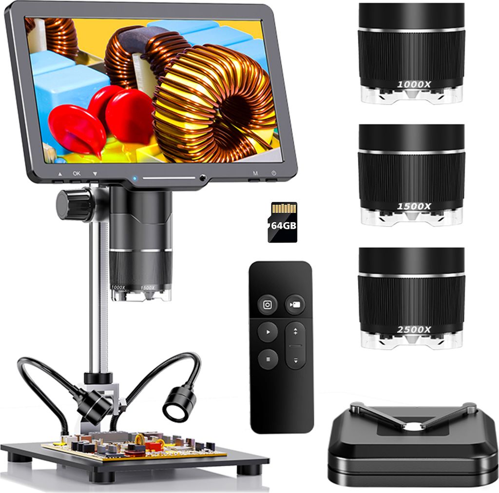 10,1 Zoll 3 Linsen 2K TV Digitalmikroskop 2500X Muenzmikroskop Lupe fuer ganze Muenzen mit IPS-Bildschirm LCD-Loetmikroskop fuer Erwachsene 14 LED-...