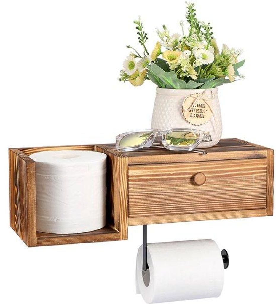 Holz-Toilettenpapierhalter mit Brett und Schublade, Spülbarer Tissue-Dispenser, Wandmontage