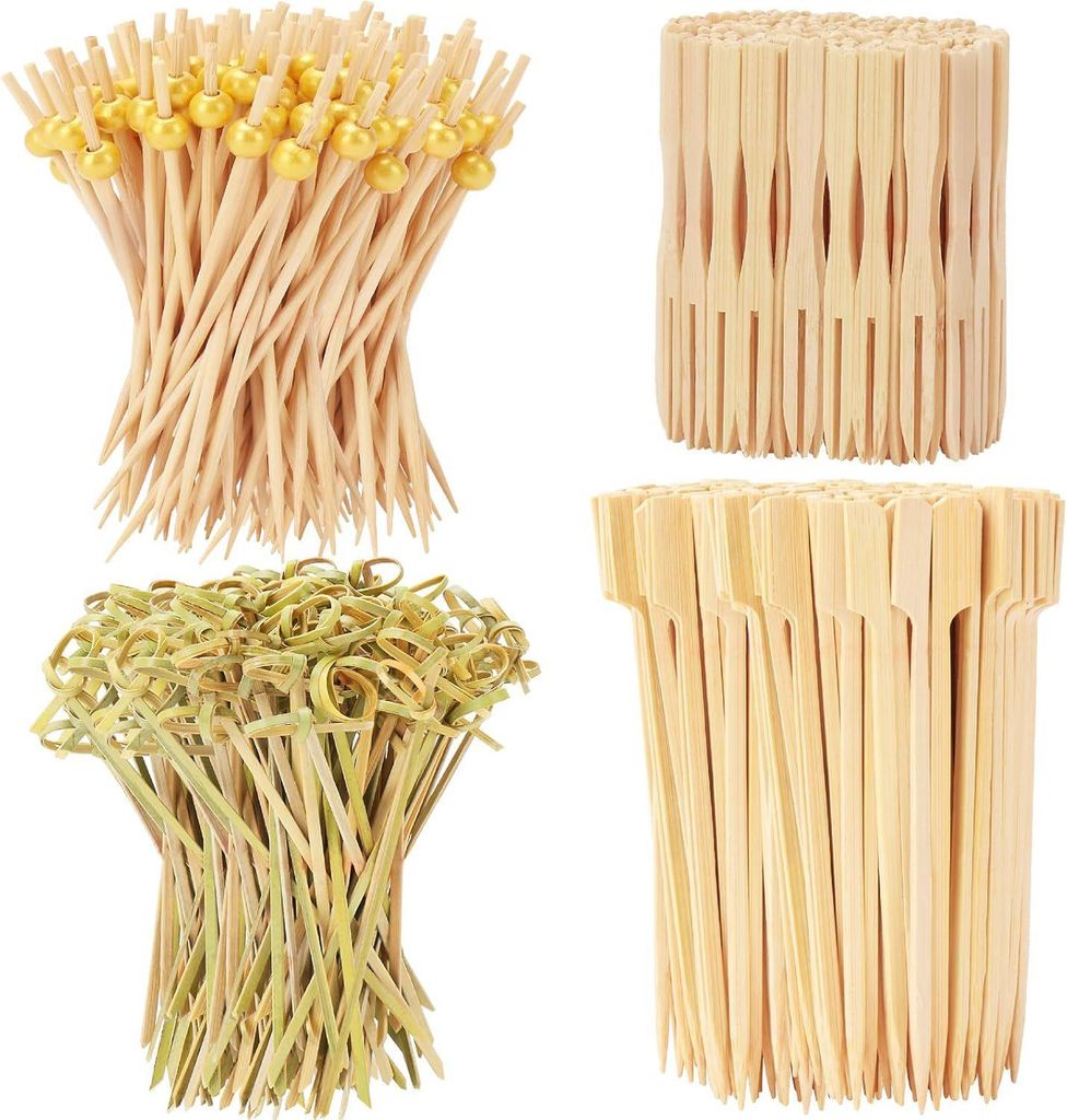 500-teiliges Cocktail-Spieße-Set, 4 Stile und 3 Größen, lange Bambusspieße für Vorspeisen, Getränke, Dessertspieße, dekorative Holzstäbchen...