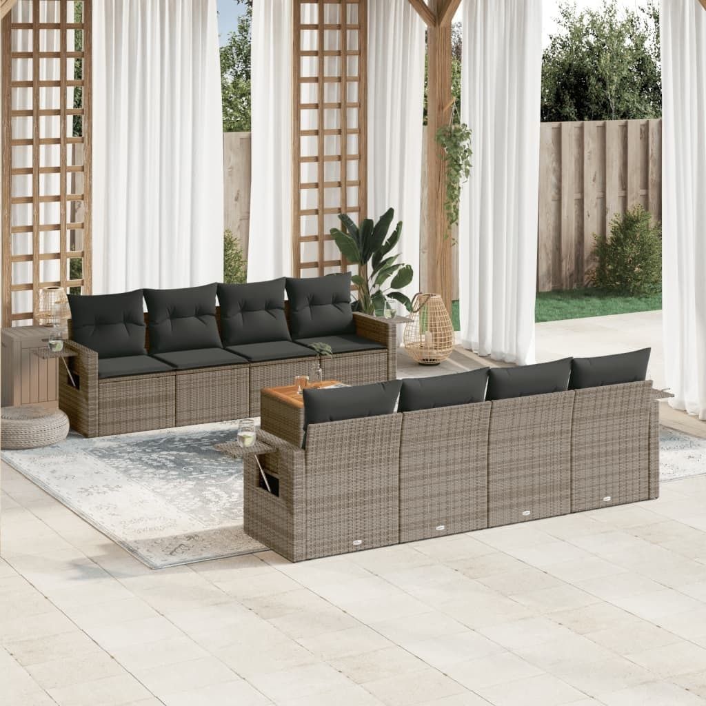 9-tlg. Garten-Sofagarnitur mit Kissen Grau Poly Rattan 3224485