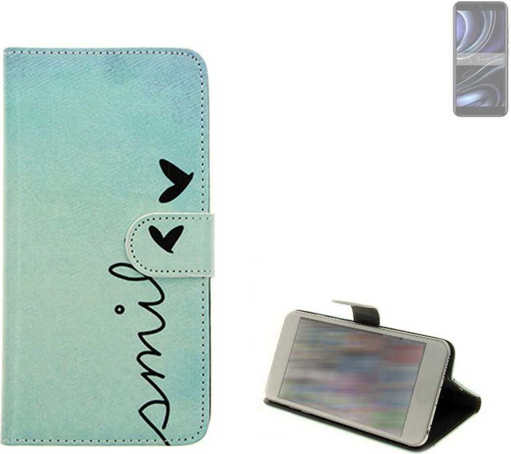 K-S-Trade Schutz Hülle Handy Hülle kompatibel mit BLU J8L Hülle Handyhülle cover bookstyle Etui Handyhülle “smile“ türkis Standfunktion