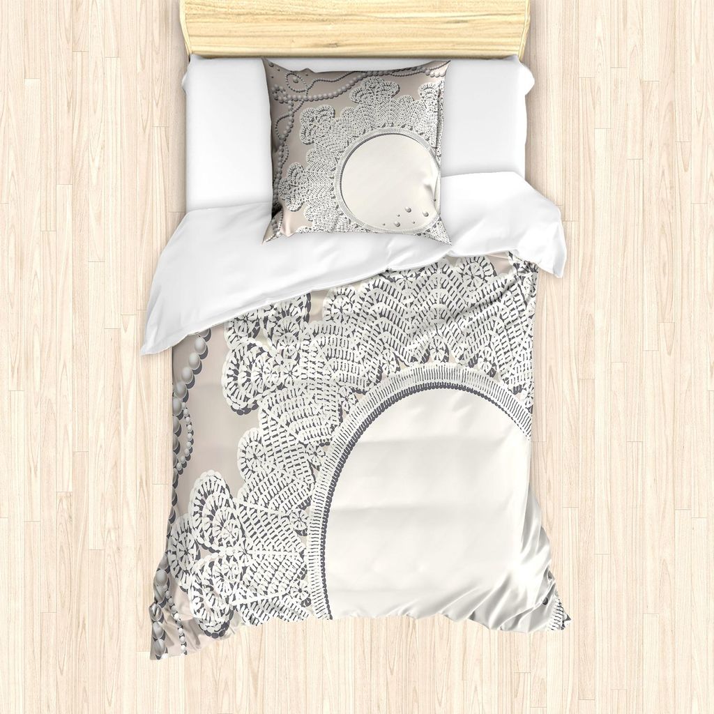 ABAKUHAUS Jahrgang Bettbezug Set, Feninine Empfindliche Graphci mit Medaillon Motiv und Perle Blick Runden, 135 x 200 cm + 80 x 80 cm, Weiß Naturf...