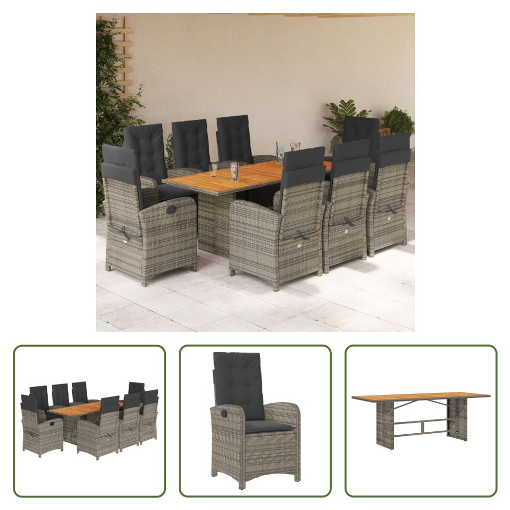 The Living Store 9-tlg. Garten-Essgruppe mit Kissen Grau Poly Rattan