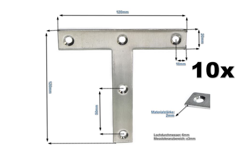 10x Edelstahl T-Verbinder 120x120x20mm Flachverbinder Lochplatte Beschlag (SET)