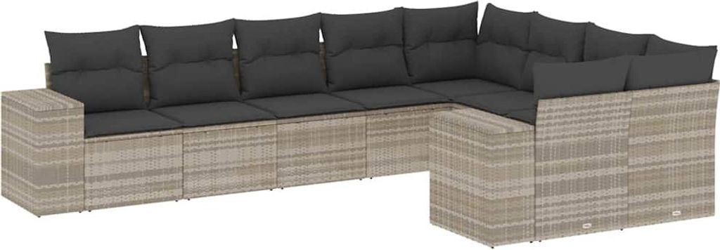 vidaXL 9-tlg. Garten-Sofagarnitur mit Kissen Hellgrau Poly Rattan