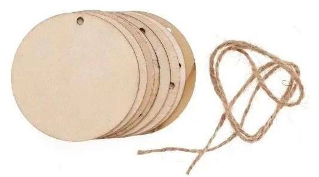 Holzscheiben mit Loch + Juteschnur, 8 Stück – Brewis Produktbild 
