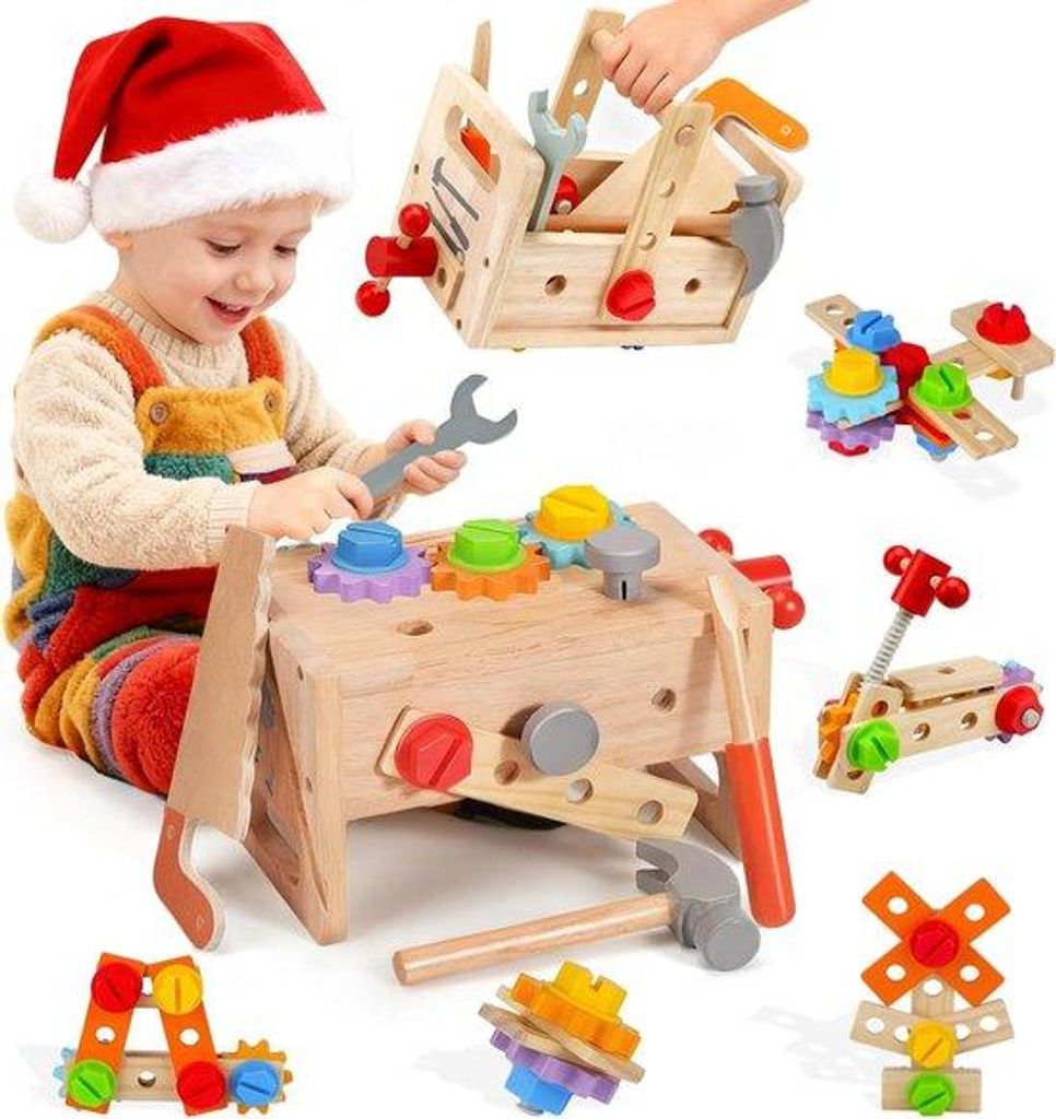 Holzwerkzeugset für Kinder: Montessori-Set mit 29 Teilen mit Koffer, erzieherisches Spielzeug, idealer Weihnachtsgeschenk für Kinder und Mädchen...