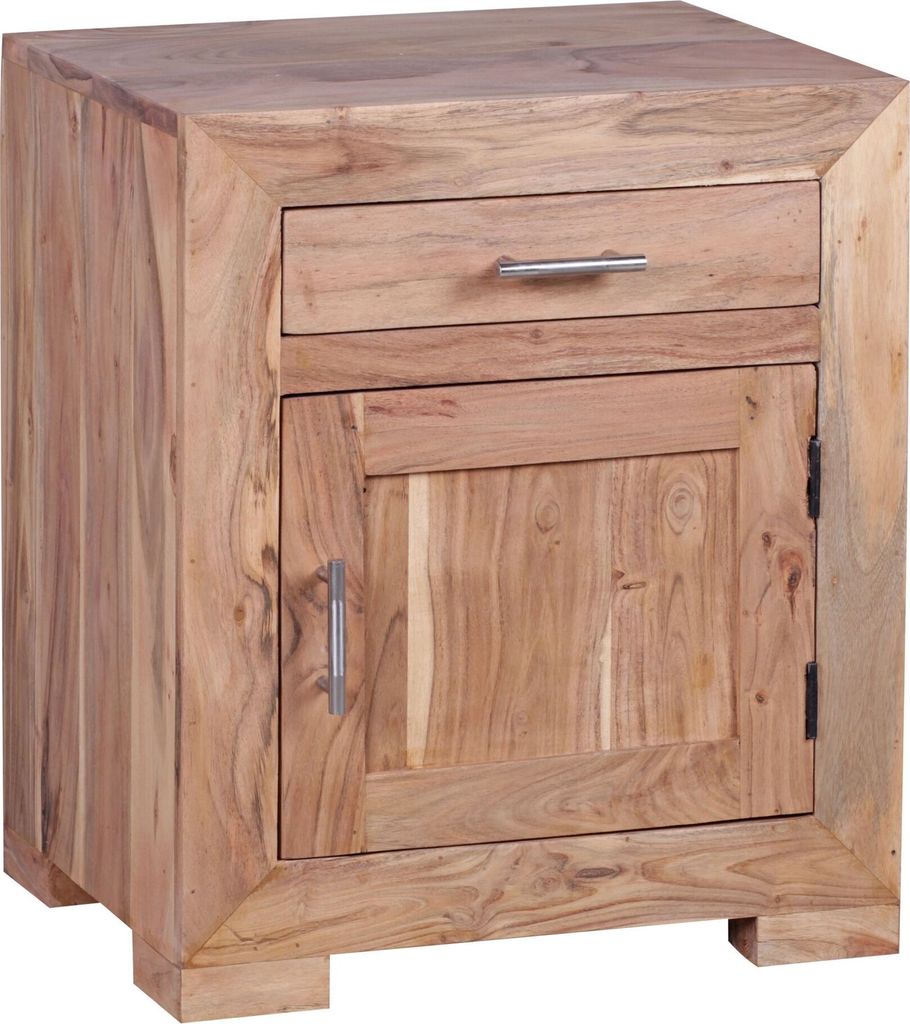 Nachttisch MUMBAI Massivholz Akazie Design Nachtkommode 60 cm mit Schublade und Tür Nachtschrank für Boxspringbett