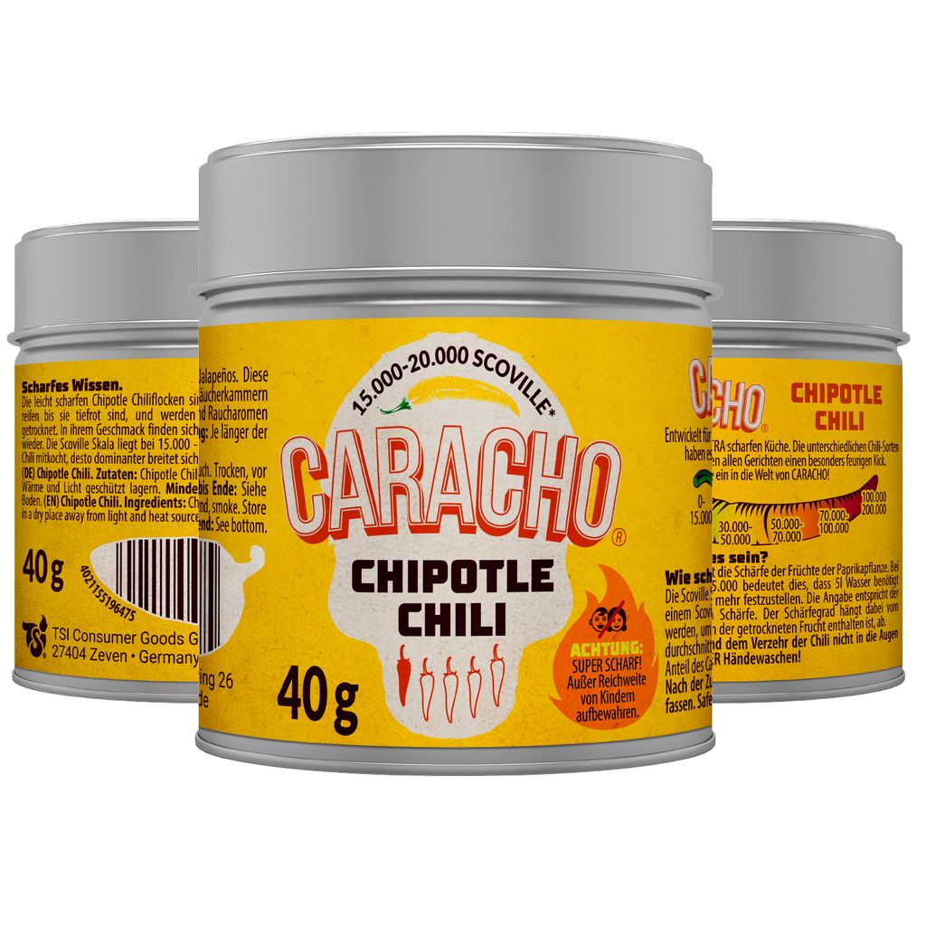 CARACHO 10er Pack x 40g Chili Chipotle Chiliflocken geschrotet - Premium 100% Scharfes Chillipulver in Metal Gewürz Dose/Scoville: 15.000-20.000 /...