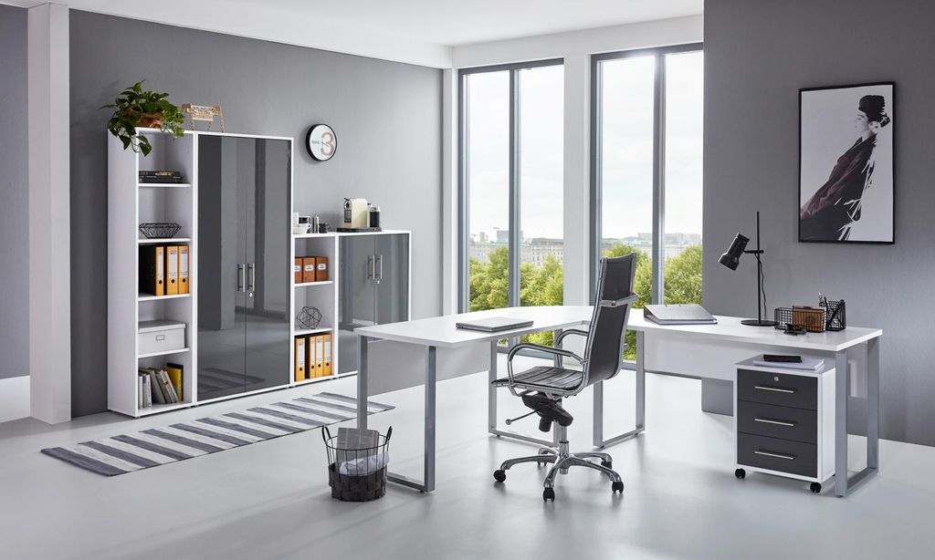 Büromöbel-Set TABOR PRO 4 in weiß / anthrazit Hochglanz, Arbeitszimmer Komplett-Set