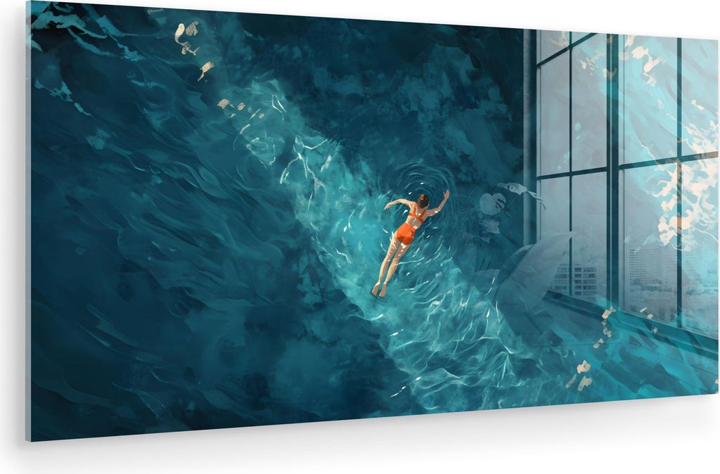 MuchoWow Glasbilder - Bilder auf Wandbild - Foto auf Glas Frau - Wasser - Bikini - Orange 40x20 cm Wanddekoration aus Glas - Acrylglasbild - Acrylb...