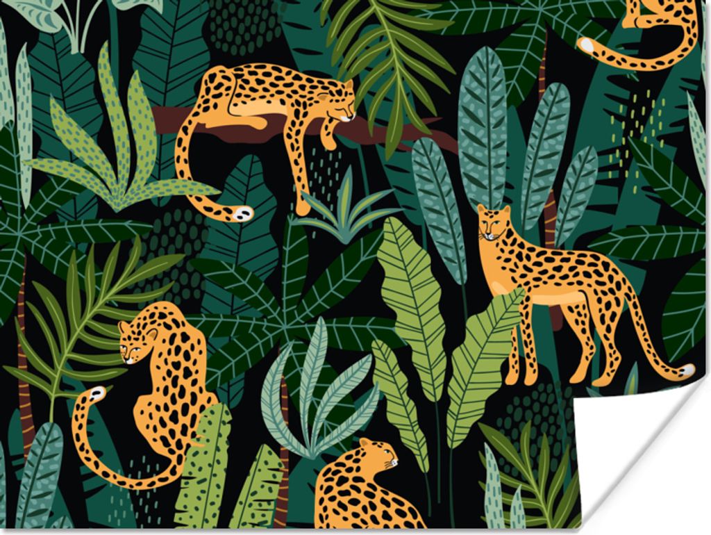 MuchoWow Poster Dschungel - Panther - Muster - Jungen - Mädchen - Pflanzen 160x120 cm - Foto Plakat