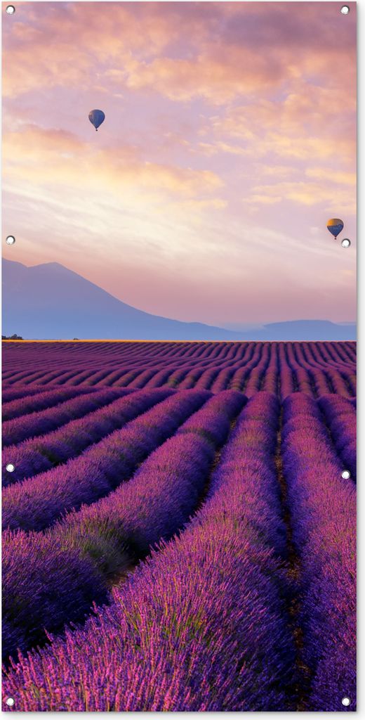 MuchoWow 80x160 cm Outdoor-Poster Gartendeko Sichtschutz Garten Poster für den Garten Lavendel - Heißluftballon - Berg - Lila