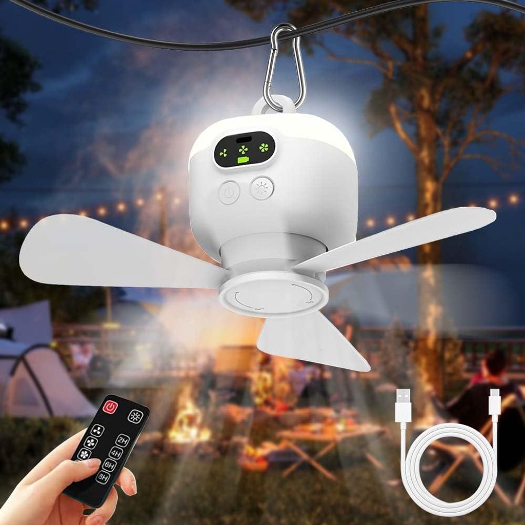 Deckenventilator mit Beleuchtung Camping, Aufladbar Deckenventilator mit Licht und Fernbedienung, USB, Timer, Mobiler Ventilator Akku für Outdoor