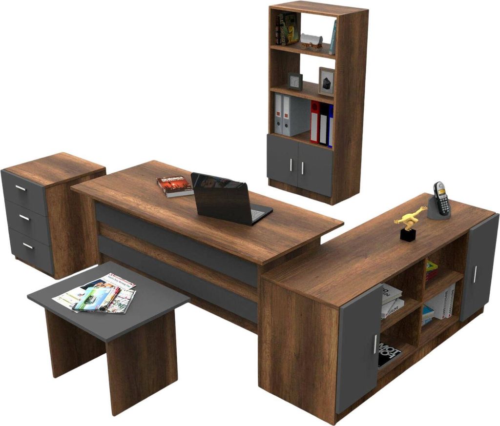 Büro-Set Styx, Studio-Komposition, Büroartikel, Schreibtisch und Schubladenset, Walnuss und Anthrazit