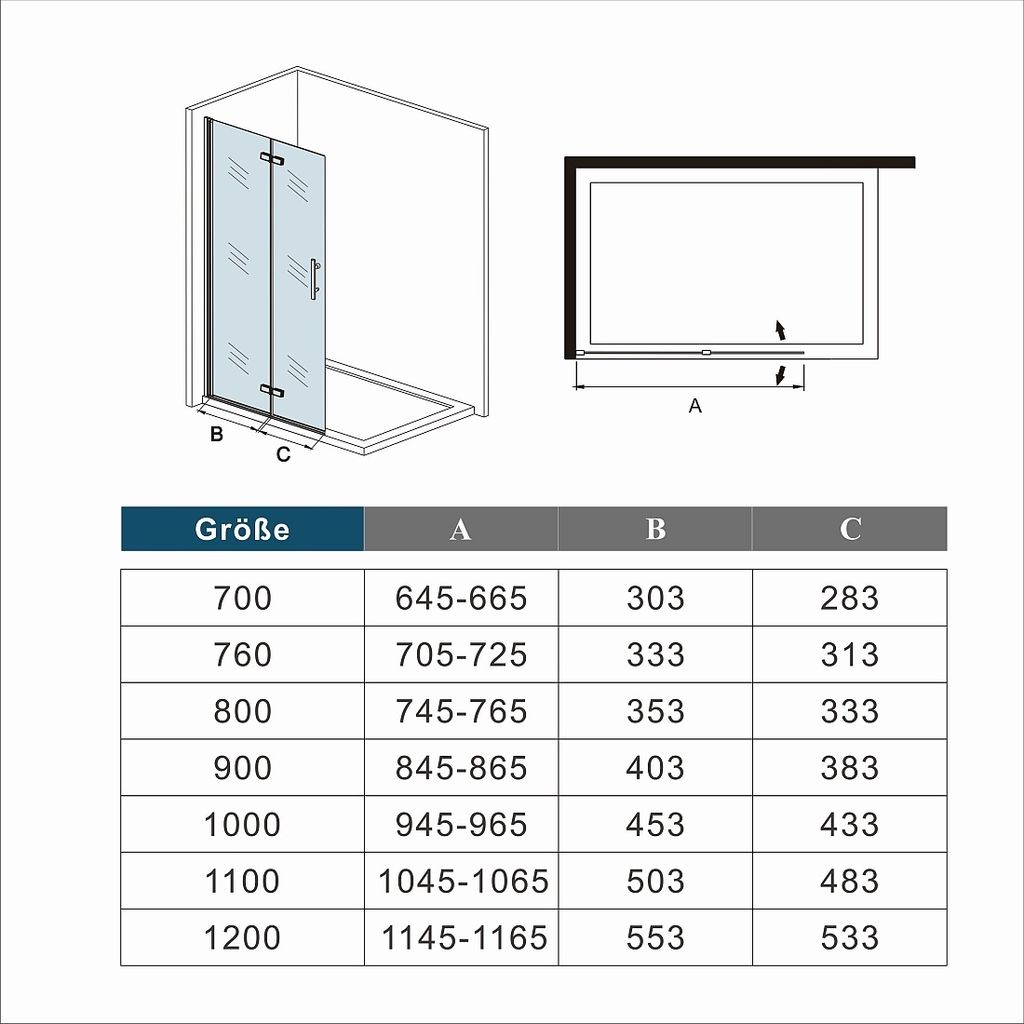 Walk-In Duschabtrennung Falttür B.120cmxH.195cm Produktbild 4