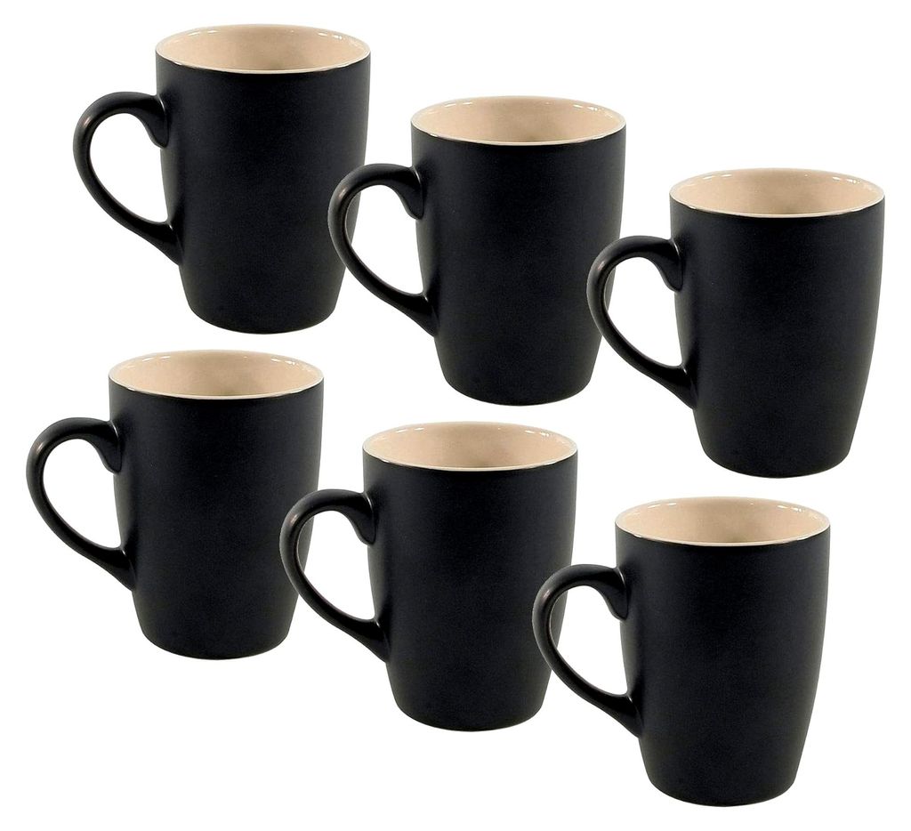 Kaffeebecher Set 6 Stück je 340 ml - schwarz matt/innen beige - mit Henkel - Porzellan Tee- und Kaffeetassen