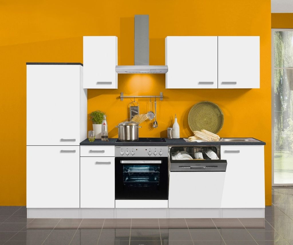 Küchenblock Oslo 270 cm mit Geschirrspüler und Glaskeramik Kochfeld in weiß matt